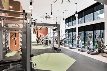 24-Hour fitness center with cardio machines, free weights, cable machines, fitness ondemand, and spin room